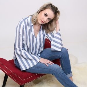 🤩SALE Striped Blouse Wrap Blouse Bell Sleeve